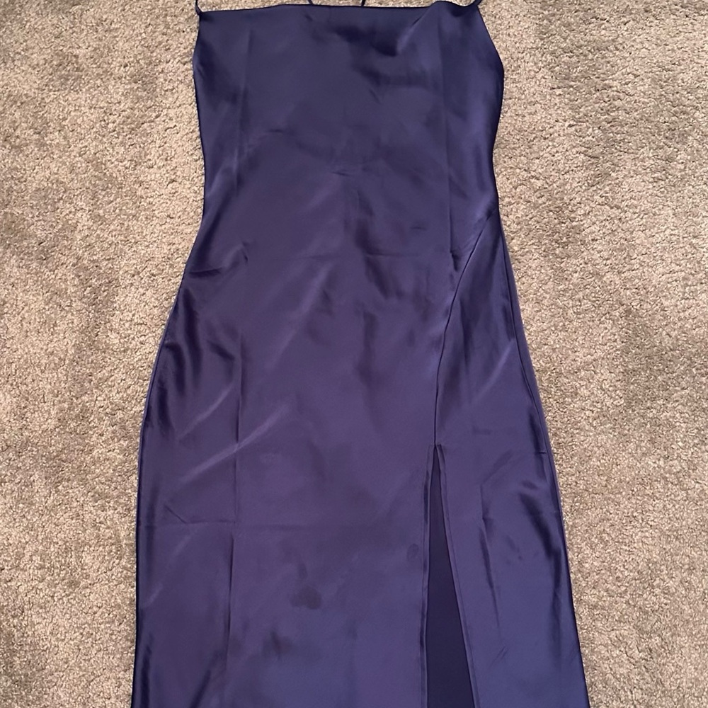 Navy Satin Cowl Slip Cocktail Dress